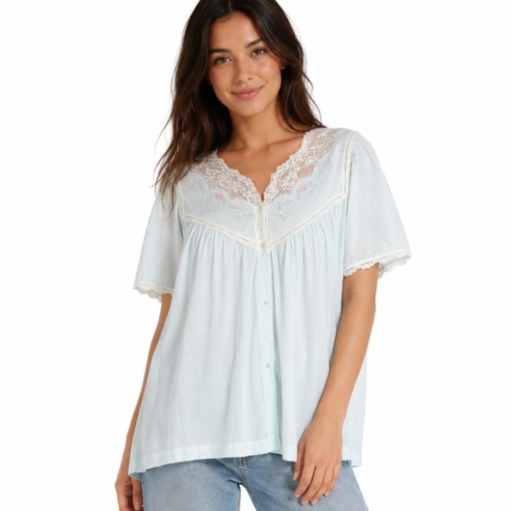 Vintage Barbizon Cottagecore Lace Blouse Light Blue Embroidered Prairie Top M‎